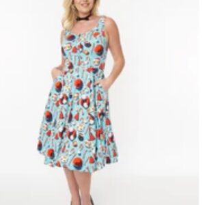 Retro-Inspired Blue Santa Kitty Swing Dress